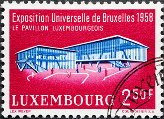 Luxembourg - circa 1958: a postage stamp from Luxembourg, showing the building of the EXPO- Brussels