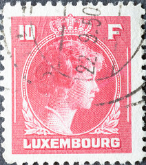 Luxembourg - circa 1944: a postage stamp from Luxembourg, showing a portrait of the Grand Duchess Charlotte