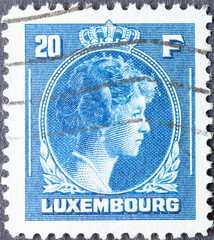 Luxembourg - circa 1944: a postage stamp from Luxembourg, showing a portrait of the Grand Duchess...