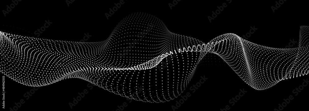 Poster abstract gradient dynamic wave of particles. white background. network of bright points or dots. big
