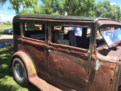 Skeleton on old Rusted Car at Colorado Festival