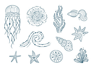 Silhouettes of sea life outline isolated on white background. Vector Hand drawn illustrations of engraved line. Collection of sketches jellyfish, fish, seaweed, seashells