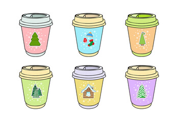 Paper coffee cups with New Year, Christmas pattern for festive events. Coffee to go. Hot drinks take away concept. Special offers of tea, fruit drink, mulled wine, punch in holiday cups at fair