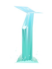 Streaming waterfall water. Long cascade flow downward. Fast stream with splashes. Object isolated on white background. It flows down from height, bumping into obstacle. Vector