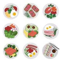 Set of dishes vector illustration. Food for lunch isolated