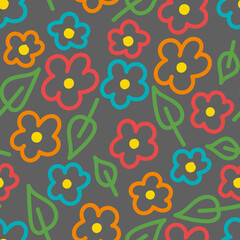 Vector colourful drawn flowers seamless pattern background. Ideal for children. Perfect for fabric, wallpaper, wrapping, scrapbooking and stationery. Surface pattern design.