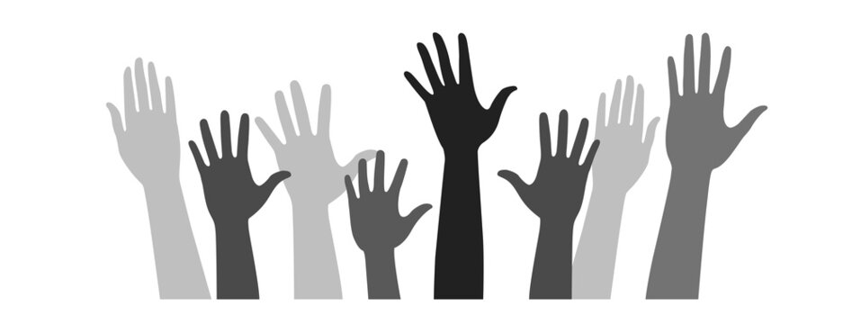 Flat and elegant graphic style vector concept illustration of different multiracial raised hands isolated on white background. Illustration vector. - Powered by Adobe