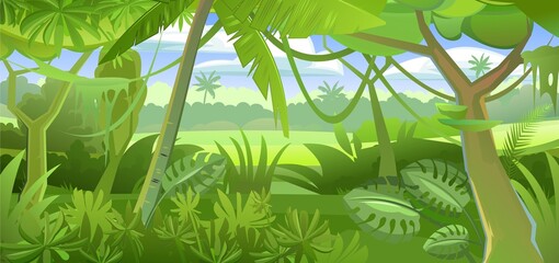 Tropical forest background. Dense thickets. View from the forest. Southern Rural Scenery. Illustration in cartoon style flat design. Vector
