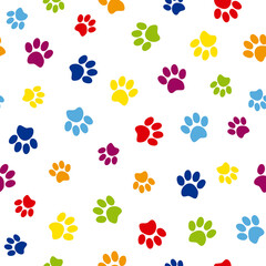 Fototapeta na wymiar Colorful seamless pet paw pattern. Cat or dog footprint on white background. Vector illustration. It can be used for wallpapers, wrapping, cards, patterns for clothes and other.