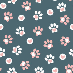 Seamless pet paw pattern. Cat or dog footprint background. Vector illustration. It can be used for wallpapers, wrapping, cards, patterns for clothes and other.