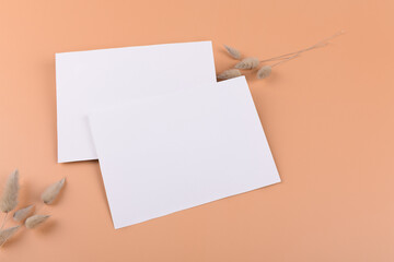 Boho card mockup of two empty white 5x7 card invitations with dried plant on beige or terracotta...