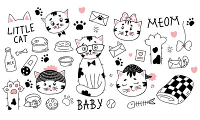 Fototapeta premium Cats characters in winter hat and glasses, a sleeping kitten in nightcap, boy in tie and girl with bow, with cat food and toys, rainbow and paw. Vector illustration. Isolated linear hand drawn doodles