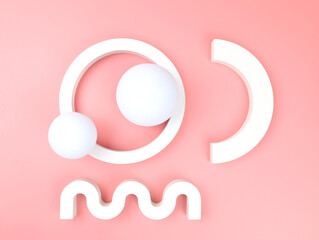 Gypsum figures of different shapes on a pink background top view. Abstract background with geometric shapes for product presentation. Composition of figures to show cosmetic products.