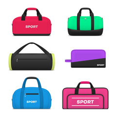 Realistic multicolored sport bags collection vector sportswear and equipment comfortable carrying