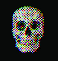 RGB halftone dot skull from 3D rendering vector illustration isolated on background.