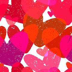 Pattern with red textured hearts. Seamless colorful romantic background.