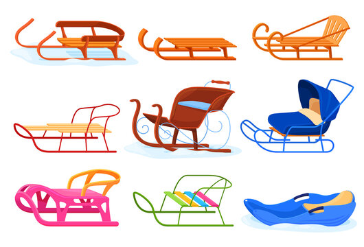 Various children s sledges collection vector flat illustration. Snow wooden plastic metallic sledge