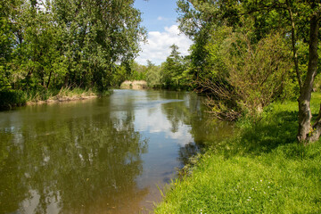 View of the idyllic Unstrut river near Freyburg with the weir at the Zeddenbach mill