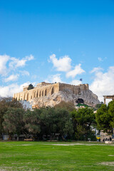 View to Acropolis and Triumphal Arch of Hadrian from Temple of Olympian Zeus in Athens, Greece