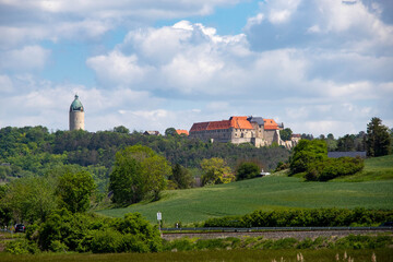 View of the historic town of Freyburg on the Unstrut river with the Neuenburg castle complex and vineyards,Germany
