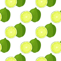 Whole lime and sliced lime with juicy splashes seamless pattern. Realistic vector illustration. Bright food background.
