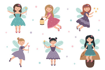 A collection of cute little fairies. Cartoon magic characters with a magic wand and wings. Vector fairy-tale illustration for T-shirt print, poster, invitation, postcard, nursery decor, stickers