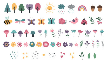 A collection of cute natural elements. Cartoon hand-drawn flowers, butterflies, plants, mushrooms. Vector illustration for T-shirt print, poster, invitation, postcard, nursery decor © Victoria Guzeeva