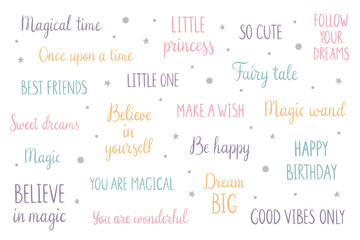 A set of handwritten phrases for creating a children's poster, invitation, greeting card, postcard, nursery decor. Vector cute illustration