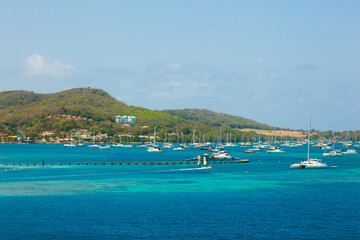 Fototapeta premium Many sailing yachts are anchored in the bay of the island of Martinique in the Caribbean.