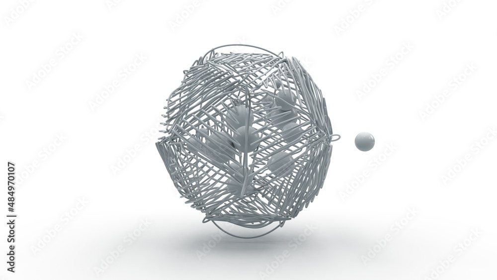 Poster 3d rendering of a multitude of spheres, droplets in space surrounded by a randomly arranged grid, sp