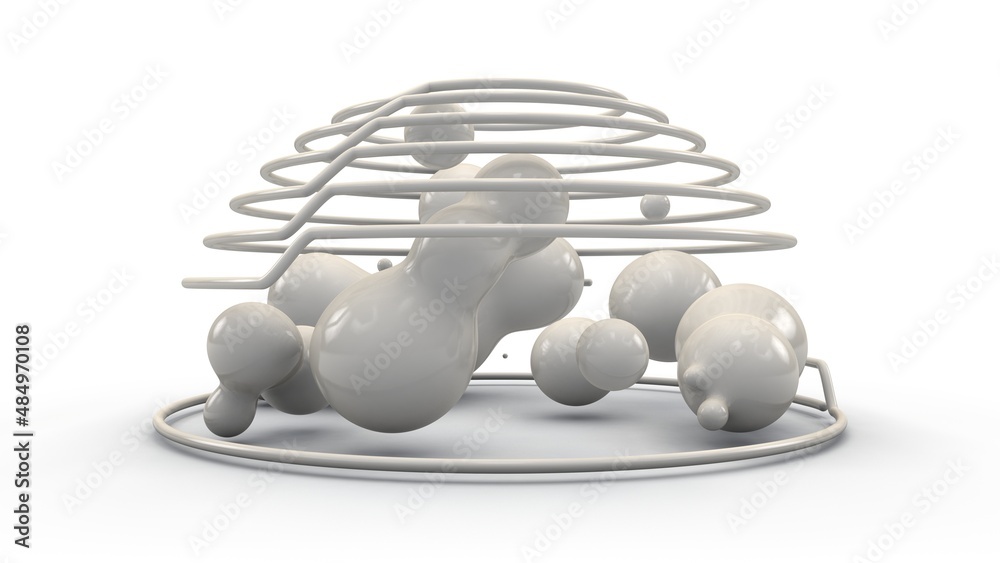 Poster 3d rendering of a multitude of spheres, droplets in space surrounded by a randomly arranged grid, sp