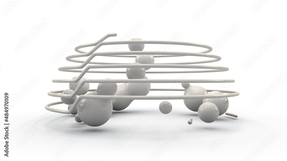 Poster 3d rendering of a multitude of spheres, droplets in space surrounded by a randomly arranged grid, sp