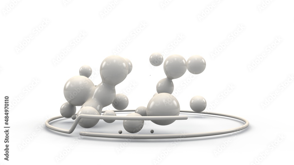 Poster 3d rendering of a multitude of spheres, droplets in space surrounded by a randomly arranged grid, sp