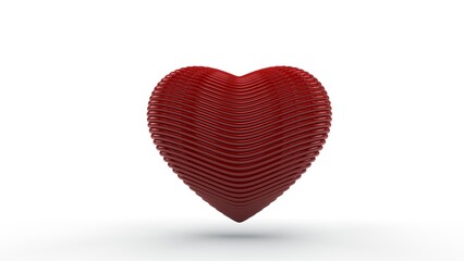 3d rendering of a large red heart on a white background, isolated. The heart consists of many lines, as printed on a 3d printer.