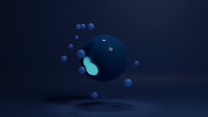 3d rendering of a dark blue glossy sphere and glowing spots on its surface. Around the sphere is an array of small blue balls. Abstract composition.