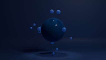 3d rendering of a dark blue glossy sphere and glowing spots on its surface. Around the sphere is an array of small blue balls. Abstract composition.