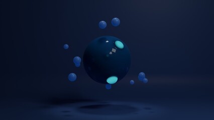 3d rendering of a dark blue glossy sphere and glowing spots on its surface. Around the sphere is an array of small blue balls. Abstract composition.