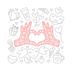 Valentines day vintage doodle vector elements and hands in form of heart in center. Hand drawn love poster, diamond, envelope, cake, cup. Romantic illustration quote greeting card