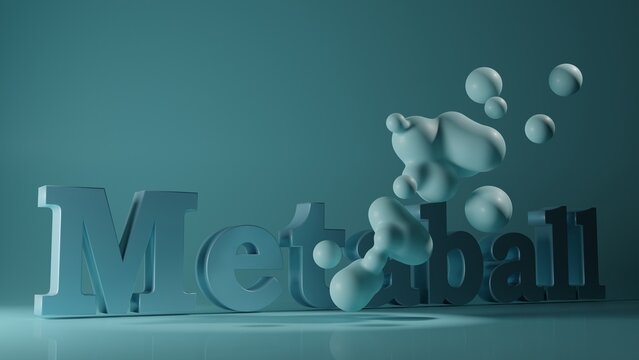 3d rendering of metaball text and clouds of white droplets in zero gravity. Abstract composition, background image.