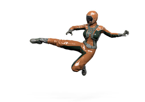 Cosmonaut Girl Is Doing A Side Kick On White Background