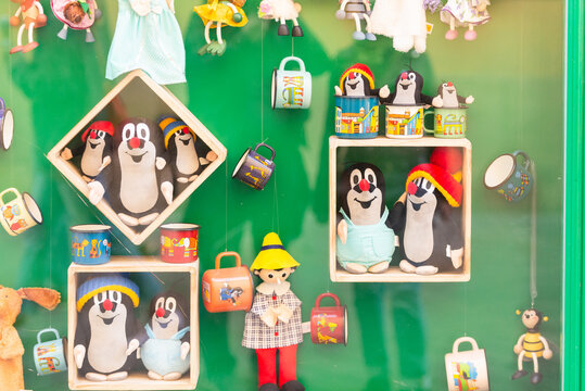 Bratislava. Slovakia. Summer 2019. A showcase with cartoon characters. Famous cartoon characters in the form of toys behind glass.