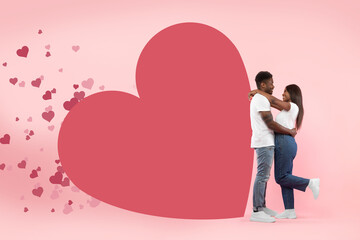 Obraz na płótnie Canvas Young Romantic Black Couple Hugging, Red Hearts Flying
