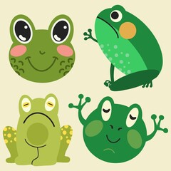 Various frogs on a light background. Vector illustration, flat design. Hand-drawn cartoon, children's drawing.