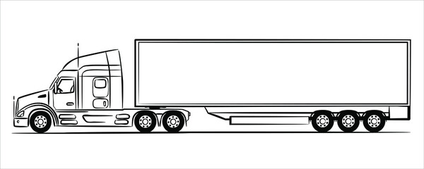 America semi trailer truck abstract silhouette on white background.  A hand drawn line art of a trailer truck car. Vector illustration view from side. © Art_freeman