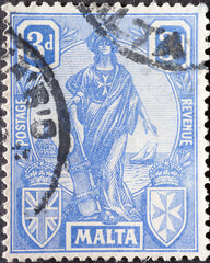 Malta - circa 1922: a postage stamp from Malta , showing the Melita - Allegory of Malta. With robe,...