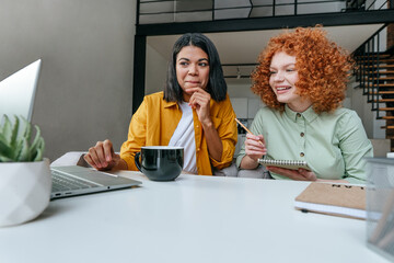 Two young women using laptop for video call