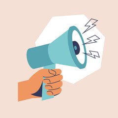 Hand hold megaphone. Loudspeaker with lightnings. Symbol for social media, advertising and promotion. Vector illustration.