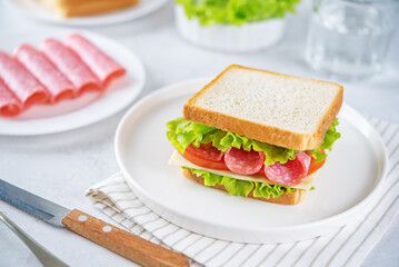 Sandwich with sausage, cheese and tomato for lunch