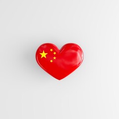 A badge in the shape of a heart with the flag of China as a symbol of patriotism and love for one's homeland. The National Flag of the People's Republic of China on a glossy badge. 3D rendering