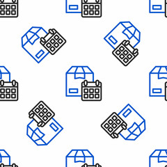 Fototapeta premium Line Carton cardboard box and fast time delivery icon isolated seamless pattern on white background. Box, package, parcel sign. Delivery and packaging. Colorful outline concept. Vector
